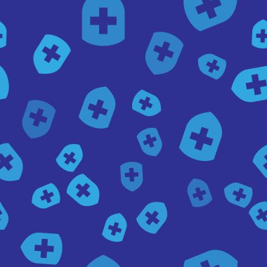 Mavi arka plan üzerinde çapraz simge izole dikişsiz desen ile Mavi Tıbbi kalkan. Sağlık koruma kavramı. Güvenlik rozeti simgesi. Gizlilik afişi. Güvenlik etiketi. Vektör İllüstrasyonu