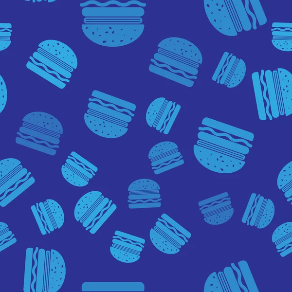 Icône Burger bleu isolé motif sans couture sur fond bleu. Icône de hamburger. Cheeseburger sandwich signe. Illustration vectorielle — Image vectorielle