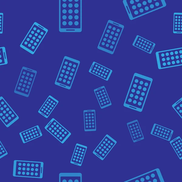 Das blaue Symbol für mobile Apps isoliert nahtlose Muster auf blauem Hintergrund. Smartphone mit Bildschirmsymbolen, Anwendungen. Handy mit Bildschirm. Vektorillustration — Stockvektor