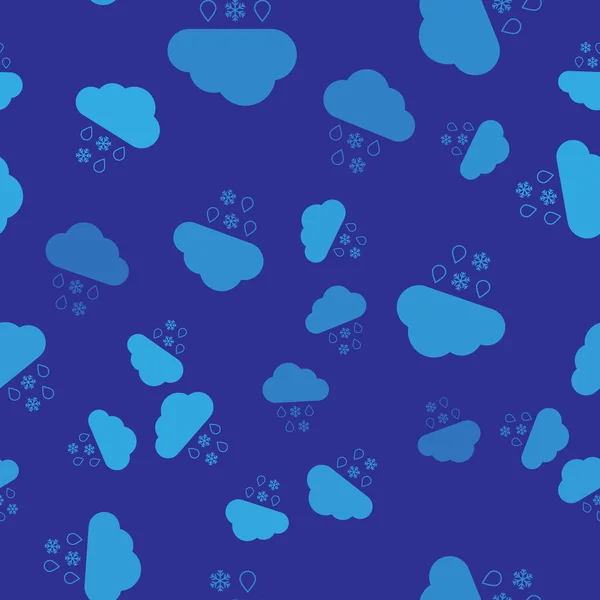 蓝色云与雪和雨图标隔离在蓝色背景的无缝模式。天气图标。矢量插图 — 图库矢量图片