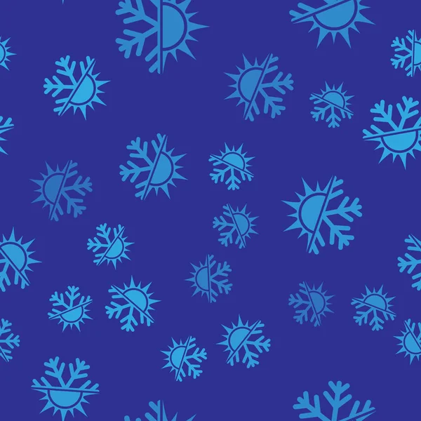 Symbol niebieskiego gorącego i zimnego. Słońce i płatki śniegu ikona na białym tle bez szwu wzór na niebieskim tle. Symbol zimowy i letni. Ilustracja wektorowa — Wektor stockowy