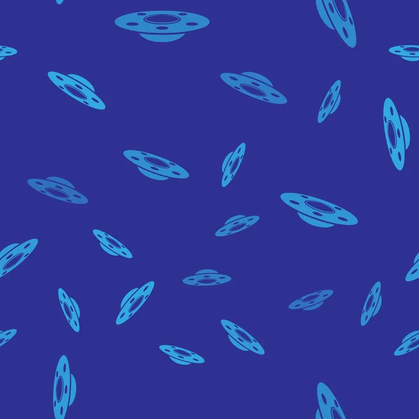 Azul OVNI vuelo nave espacial icono aislado patrón sin costura sobre fondo azul. Platillo volador. Nave espacial alienígena. Objeto volador desconocido futurista. Ilustración vectorial — Vector de stock