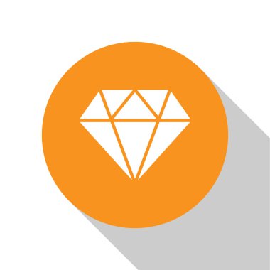 Beyaz elmas işareti beyaz arka plan üzerinde izole. Mücevher sembolü. Mücevher taşı. Turuncu daire düğmesi. Düz tasarım. Vektör İllüstrasyonu