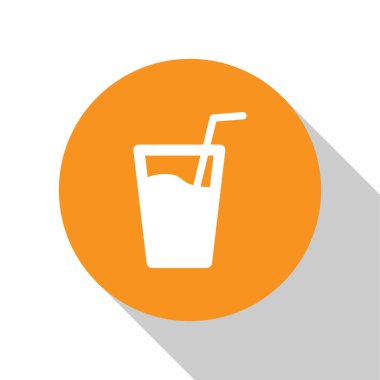 Beyaz cam su ve tüp içme simgesi beyaz arka plan üzerinde izole için. Soda camı. Turuncu daire düğmesi. Düz tasarım. Vektör İllüstrasyonu