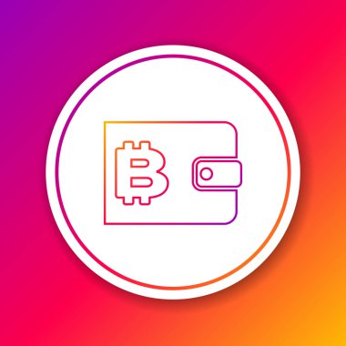 Renkli Cryptocurrency cüzdan satır simgesi renk arka planda yalıtılmış. Cüzdan ve bitcoin işareti. Madencilik konsepti. Para, ödeme, nakit, ödeme simgesi. Daire beyaz düğme. Vektör İllüstrasyonu