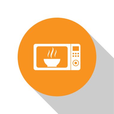 Beyaz Mikrodalga fırın simgesi beyaz arka plan üzerinde izole. Ev aletleri simgesi. Turuncu daire düğmesi. Düz tasarım. Vektör İllüstrasyonu