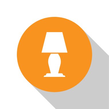 Beyaz masa lambası simgesi beyaz arka planda yalıtılmış. Turuncu daire düğmesi. Düz tasarım. Vektör İllüstrasyonu