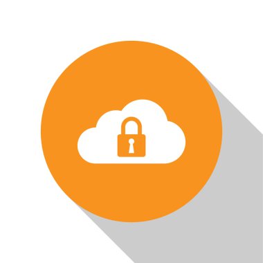 Beyaz arka planda yalıtılmış Beyaz Bulut bilgi işlem kilidi simgesi. Güvenlik, güvenlik, koruma konsepti. Turuncu daire düğmesi. Vektör İllüstrasyonu