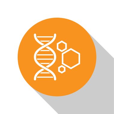 Beyaz Genetik mühendislik simgesi beyaz arka plan üzerinde izole. DNA analizi, genetik testi, klonlama, babalık testi. Turuncu daire düğmesi. Düz tasarım. Vektör İllüstrasyonu