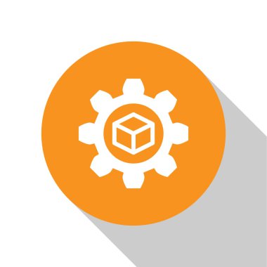 Beyaz Ürün geliştirme simgesi beyaz arka planda yalıtılmış. Dişli ve küp. Başlangıç koleksiyonundan ürün geliştirme sembolü tasarımı. Turuncu daire düğmesi. Düz tasarım. Vektör İllüstrasyonu