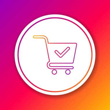 Renk arka planda yalıtılmış onay işareti simgesi ne yle renk alışveriş sepeti. Onaylı süpermarket sepeti, onaylamak, bitmiş, kene, tamamlanmış sembol. Daire beyaz düğme. Vektör İllüstrasyonu