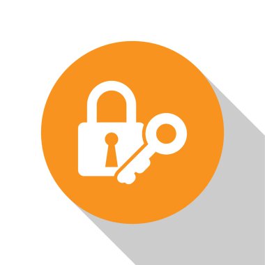 Beyaz Kilit ve beyaz arka planda yalıtılmış anahtar simgesi. Asma kilit işareti. Güvenlik, güvenlik, koruma, gizlilik kavramı. Turuncu daire düğmesi. Vektör İllüstrasyonu