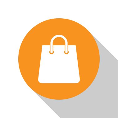 Beyaz Çanta simgesi beyaz arka planda yalıtılmış. Shoping çanta işareti. Kadın çantası simgesi. Kadın çanta tabelası. Glamour rahat bagaj. Turuncu daire düğmesi. Vektör İllüstrasyonu