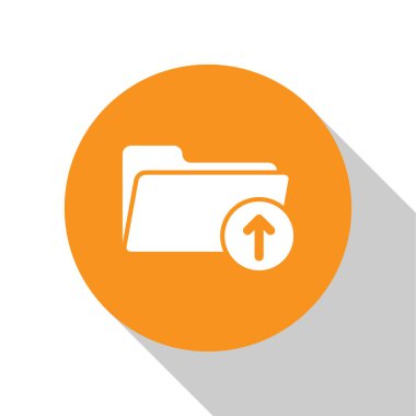 Beyaz arka planda yalıtılmış klasör simgesi olan Beyaz İndir meonu. Turuncu daire düğmesi. Düz tasarım. Vektör İllüstrasyonu