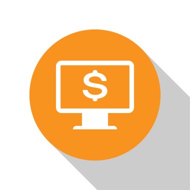 Beyaz arka planda yalıtılmış dolar simgesi olan Beyaz Bilgisayar monitörü. İnternet finansal güvenlik kavramı, online finans koruması. Turuncu daire düğmesi. Düz tasarım. Vektör İllüstrasyonu
