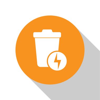 Çöp kutusu olan Beyaz Şimşek, beyaz arka planda yalıtılmış simge olabilir. Enerjiye harcar. Çöp kutusu tabelası. Sepet işaretini geri dönüştürün. Turuncu daire düğmesi. Vektör İllüstrasyonu