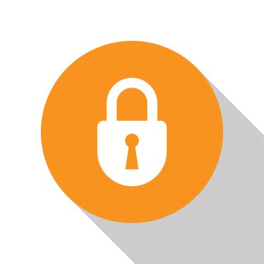 Beyaz arka planda yalıtılmış Beyaz Kilit simgesi. Asma kilit işareti. Güvenlik, güvenlik, koruma, gizlilik kavramı. Turuncu daire düğmesi. Vektör İllüstrasyonu