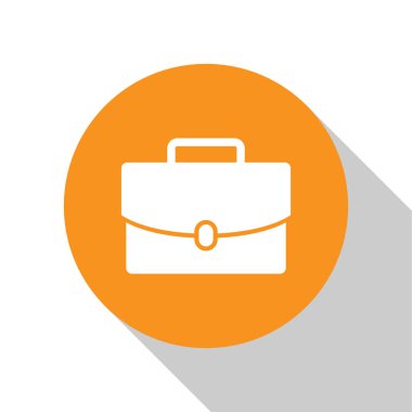 Beyaz Evrak Çantası simgesi beyaz arka planda yalıtılmış. İş davası işareti. İş portföyü. Turuncu daire düğmesi. Düz tasarım. Vektör İllüstrasyonu