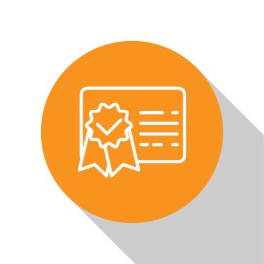 Beyaz Sertifika şablon satırı simgesi beyaz arka planda yalıtılmış. Başarı, ödül, derece, hibe, diploma kavramları. İş başarı belgesi. Turuncu daire düğmesi. Vektör İllüstrasyonu