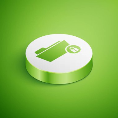 İzometrik Klasör ve kilit simgesi yeşil arka planda yalıtılmış. Kapalı klasör ve asma kilit. Güvenlik, güvenlik, koruma konsepti. Beyaz daire düğmesi. Vektör İllüstrasyonu