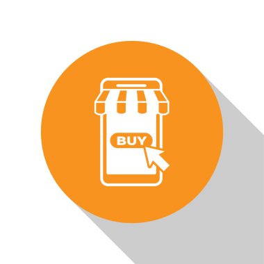 Beyaz cep telefonu ve beyaz arka plan üzerinde izole çizgili tente simgesi ile alışveriş sepeti. Online satın alma sembolü. Süpermarket sepeti sembolü. Turuncu daire düğmesi. Vektör İllüstrasyonu