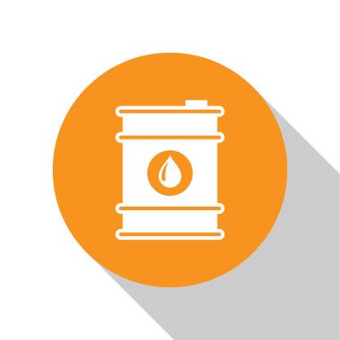 Beyaz Namlu yağ simgesi beyaz arka plan üzerinde izole. Turuncu daire düğmesi. Düz tasarım. Vektör İllüstrasyonu