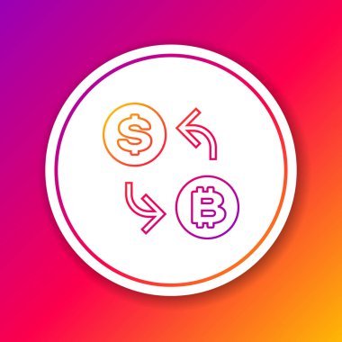 Renk arka planda yalıtılmış Renk Cryptocurrency döviz satırı simgesi. Bitcoin'den dolar bozdurma simgesine. Kripto para teknolojisi, mobil bankacılık. Daire beyaz düğme. Vektör İllüstrasyonu