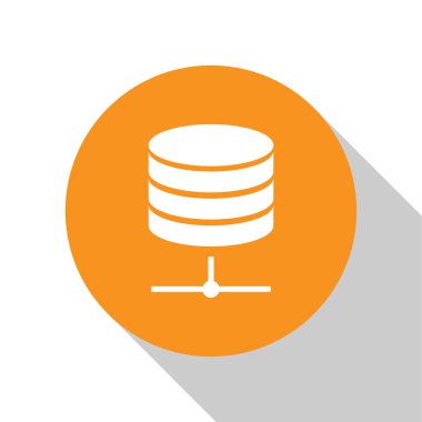 Beyaz Sunucu, Veri, Web Barındırma simgesi beyaz arka planda yalıtılmış. Turuncu daire düğmesi. Düz tasarım. Vektör İllüstrasyonu