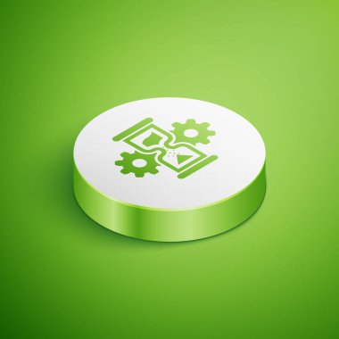 İzometrik Kum Saati ve dişli simgesi yeşil arka plan üzerinde izole. Zaman Yönetimi sembolü. Saat ve vites simgesi. İş konsepti. Beyaz daire düğmesi. Vektör İllüstrasyonu