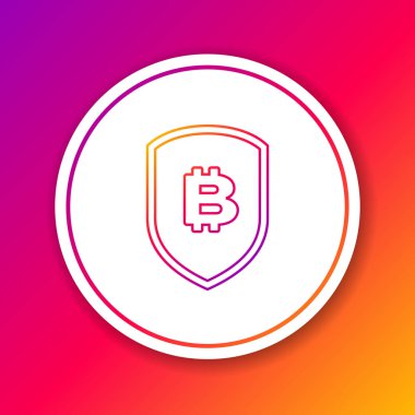 Renkli arka planda izole edilmiş bitcoin çizgi simgesine sahip Color Shield. Kripto para madenciliği, blockchain teknolojisi, bitcoin, güvenlik, koruma, dijital para. Daire beyaz düğme. Vektör İllüstrasyonu