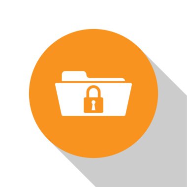 Beyaz Klasör ve kilit simgesi beyaz arka planda yalıtılmış. Kapalı klasör ve asma kilit. Güvenlik, güvenlik, koruma konsepti. Turuncu daire düğmesi. Vektör İllüstrasyonu