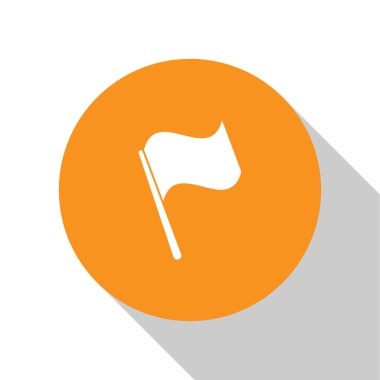 Beyaz bayrak simgesi beyaz arka planda yalıtılmış. Turuncu daire düğmesi. Düz tasarım. Vektör İllüstrasyonu