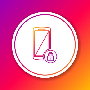 Renkli Arka Plan'da yalıtılmış kapalı asma kilit çizgisi simgesine sahip Renkli Akıllı Telefon. Kilitli telefon. Mobil güvenlik, güvenlik, koruma konsepti. Daire beyaz düğme. Vektör İllüstrasyonu