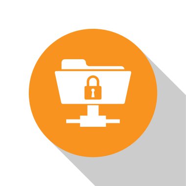 Beyaz Ftp klasörü ve beyaz arka planda yalıtılmış kilit simgesi. Yazılım güncelleme kavramı, ftp transfer protokolü. Güvenlik, güvenlik, koruma konsepti. Turuncu daire düğmesi. Vektör İllüstrasyonu