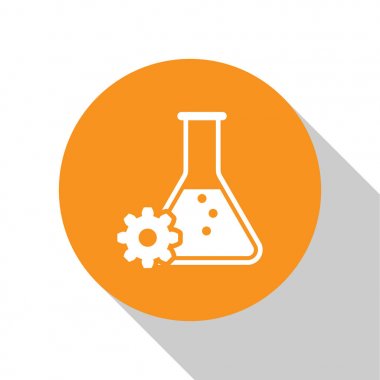Beyaz Biyomühendislik simgesi beyaz arka plan üzerinde izole. Genetik ve biyomühendislik simgesinin unsuru. Biyoloji, molekül, kimyasal ikon. Turuncu daire düğmesi. Düz tasarım. Vektör İllüstrasyonu