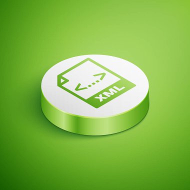 Isometrik Xml dosya belge simgesi. Yeşil arka planda yalıtılmış xml düğme simgesini indirin. Xml dosya sembolü. Beyaz daire düğmesi. Vektör İllüstrasyonu
