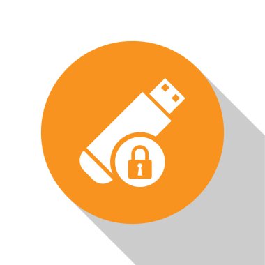Beyaz arka planda izole edilmiş kapalı asma kilit simgesine sahip beyaz Usb flash sürücü. Güvenlik, güvenlik, koruma konsepti. Turuncu daire düğmesi. Vektör İllüstrasyonu