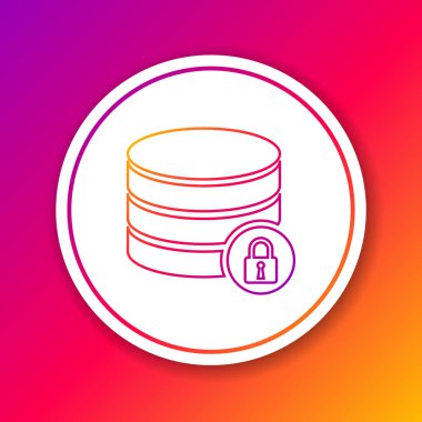 Renk arka planda yalıtılmış kapalı asma kilit çizgisi simgesi ile Color Server güvenliği. Veritabanı ve kilit. Güvenlik, güvenlik, koruma konsepti. Daire beyaz düğme. Vektör İllüstrasyonu