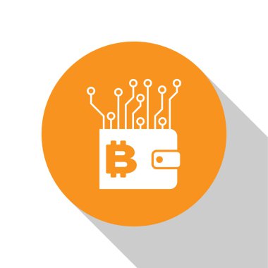 Beyaz şifreleme cüzdan simgesi beyaz arka planda yalıtılmış. Cüzdan ve bitcoin işareti. Madencilik konsepti. Para, ödeme, nakit, ödeme simgesi. Turuncu daire düğmesi. Düz tasarım. Vektör İllüstrasyonu