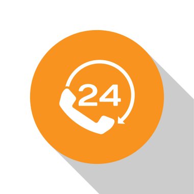 Beyaz Telefon 24 saat destek simgesi beyaz arka plan üzerinde izole. Tüm gün müşteri desteği çağrı merkezi. Tam zamanlı arama hizmetleri. Turuncu daire düğmesi. Düz tasarım. Vektör İllüstrasyonu
