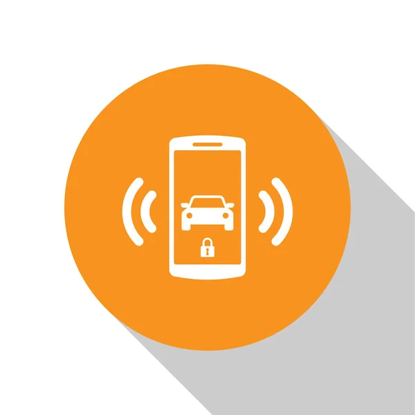 Icono del sistema de alarma White Smart coche aislado sobre fondo blanco. El teléfono inteligente controla la seguridad del coche en el inalámbrico. Botón círculo naranja. Ilustración vectorial — Archivo Imágenes Vectoriales