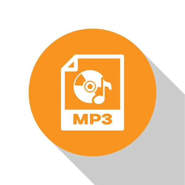 흰색 Mp3 파일 문서 아이콘입니다. 흰색 배경에 격리 mp3 버튼 아이콘을 다운로드합니다. Mp3 음악 형식 기호입니다. Mp3 파일 기호. 주황색 원 버튼. 벡터 일러스트레이션 — 스톡 벡터