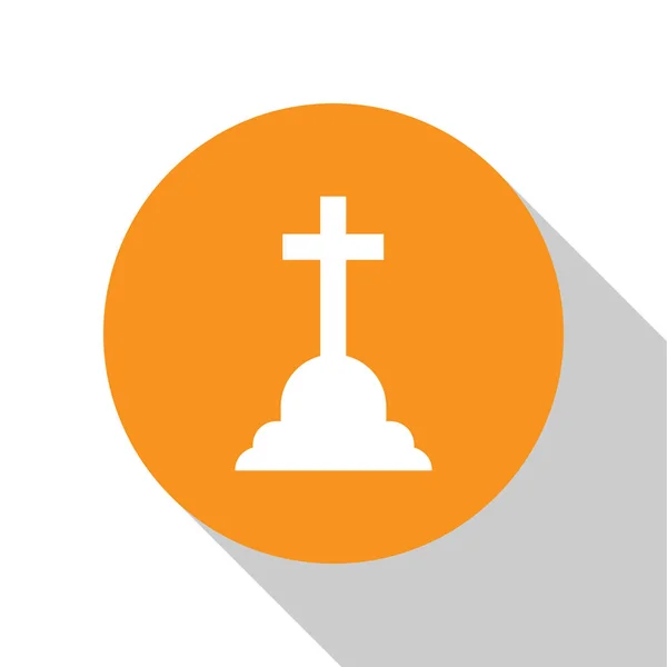 Weißer Grabstein mit Kreuzsymbol auf weißem Hintergrund. Grab-Symbol. orange Kreis-Taste. flache Bauweise. Vektorillustration — Stockvektor