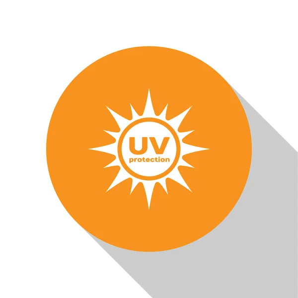 Icona di protezione UV bianca isolata su sfondo bianco. Radiazioni ultraviolette. Segno solare SPF. Pulsante cerchio arancione. Design piatto. Illustrazione vettoriale — Vettoriale Stock