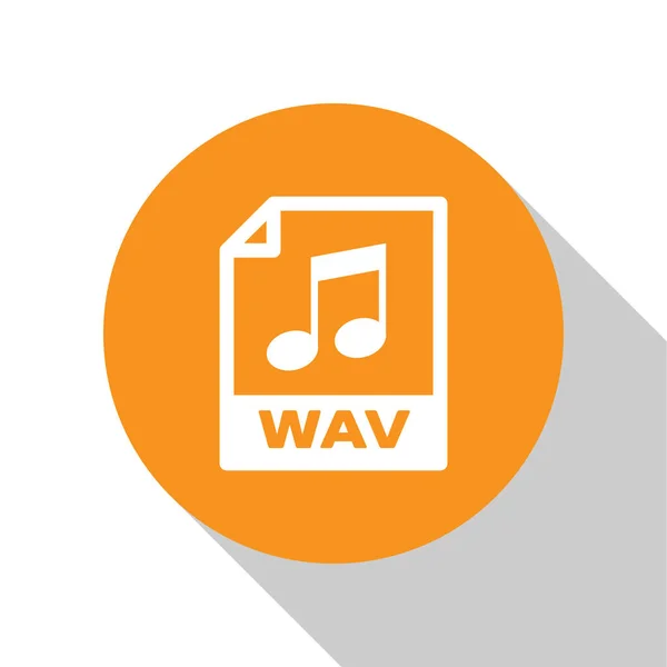 White WAV file document icon. Download wav button icon isolated on white background. WAV waveform audio file format for digital audio riff files. Orange circle button. Vector Illustration — Stock Vector