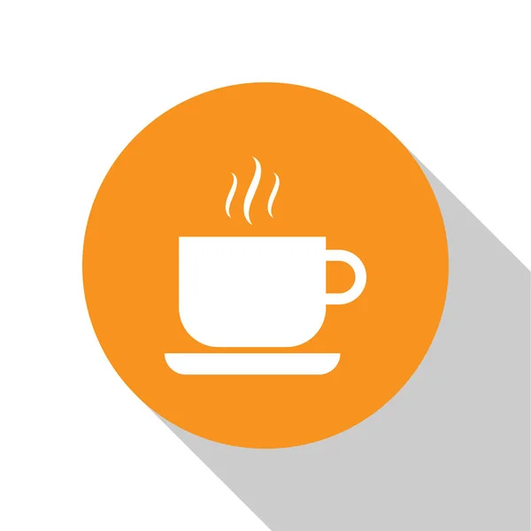 Icône tasse de café blanc isolé sur fond blanc. Une tasse de thé. Café chaud. Bouton rond orange. Design plat. Illustration vectorielle — Image vectorielle
