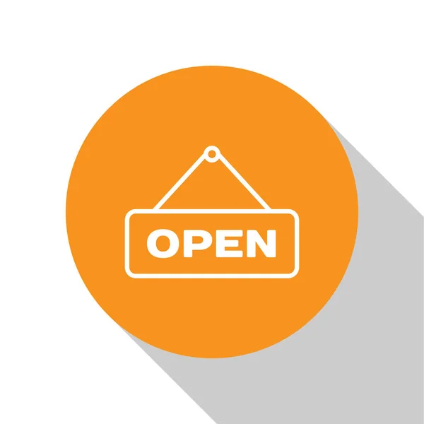 Sinal de suspensão branco com texto Ícone de porta aberta isolado no fundo branco. Botão laranja círculo. Ilustração vetorial — Vetor de Stock