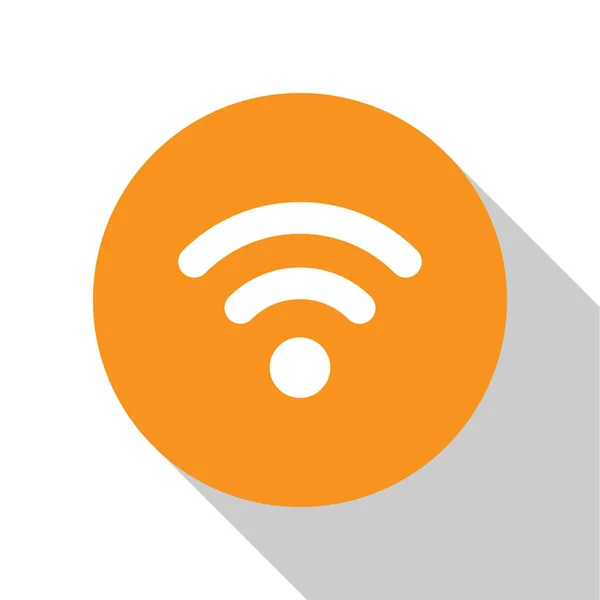 白いWi-Fi無線インターネットネットワークシンボルアイコンは、白い背景に隔離されています。オレンジ色の円ボタン。フラットなデザイン。ベクトルイラストレーション — ストックベクタ