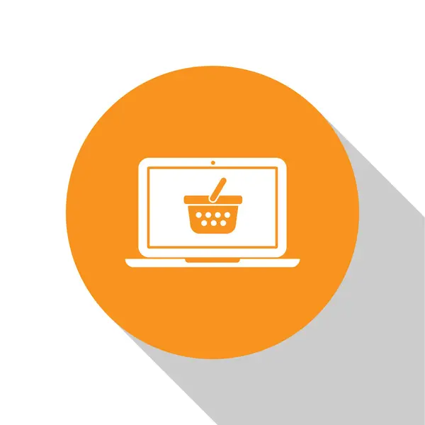 White Shopping basket on screen laptop icon isolated on white background. Concept e-commerce, e-business, online business marketing. Orange circle button. Vector Illustration — Stock Vector