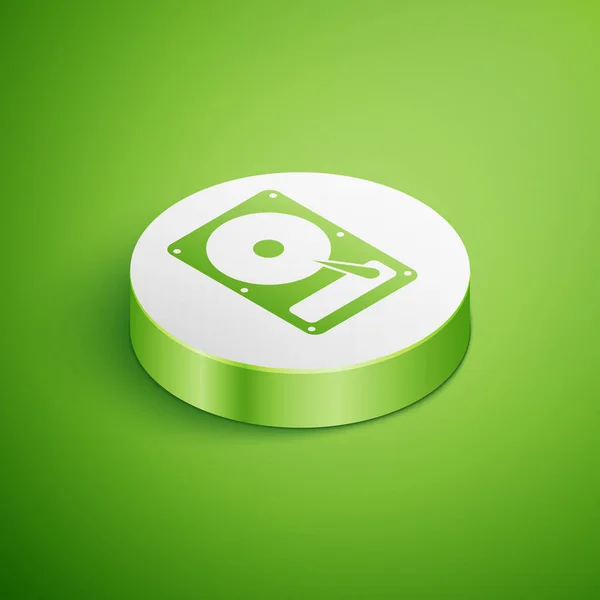 Icono de disco duro isométrico aislado sobre fondo verde. Botón círculo blanco. Ilustración vectorial — Vector de stock